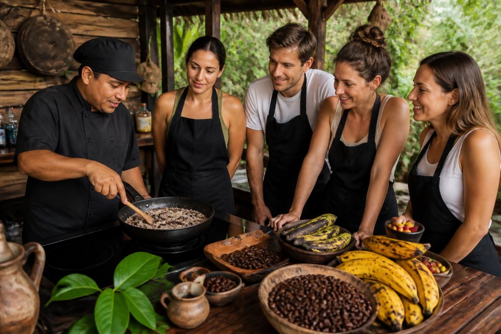 A local Costa Rican chef teaching a small group of travelers how to prepare traditional gallo pinto in a rustic open-air kitchen, with fresh plantains and coffee beans on a wooden table