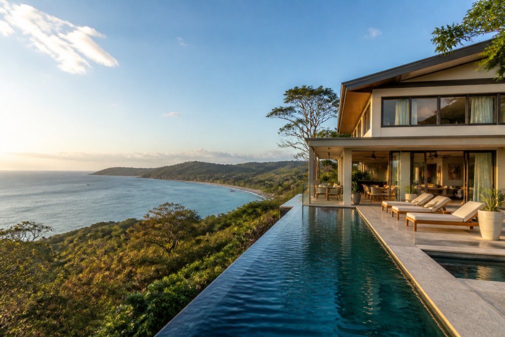 Aerial view of a luxury beachfront villa with an infinity pool overlooking the Pacific Ocean in Playa Potrero, lush green hills in the background, late afternoon light