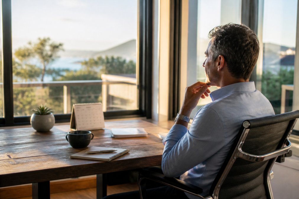 Remote property owner reviewing occupancy and revenue metrics on a laptop from home office, morning light streaming through windows, coffee cup and calendar visible on desk