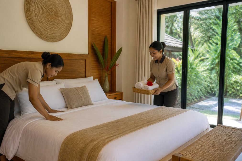 Professional housekeeping team preparing luxury vacation rental with fresh linens, arranging amenities, and inspecting details for incoming guests in bright, well-lit room