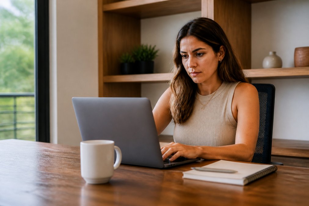 Property manager reviewing performance metrics on a laptop in a bright, modern office, with a coffee cup and notebook visible on the desk