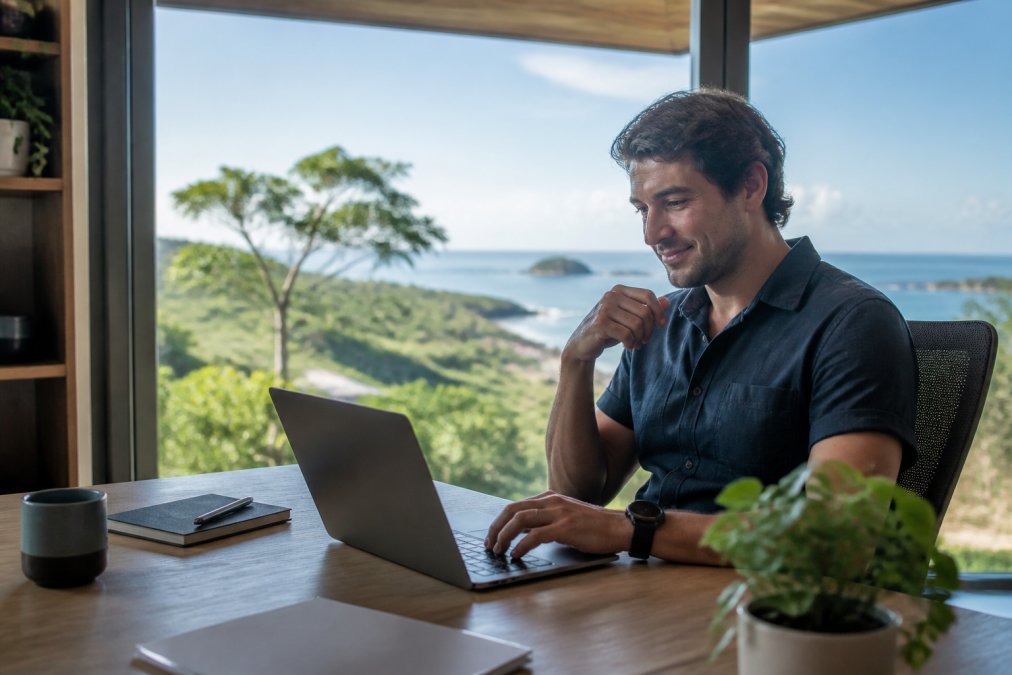Property owner reviewing booking calendar and revenue reports on a laptop from a home office, satisfied expression with Costa Rican coastal views visible through the window, warm natural lighting