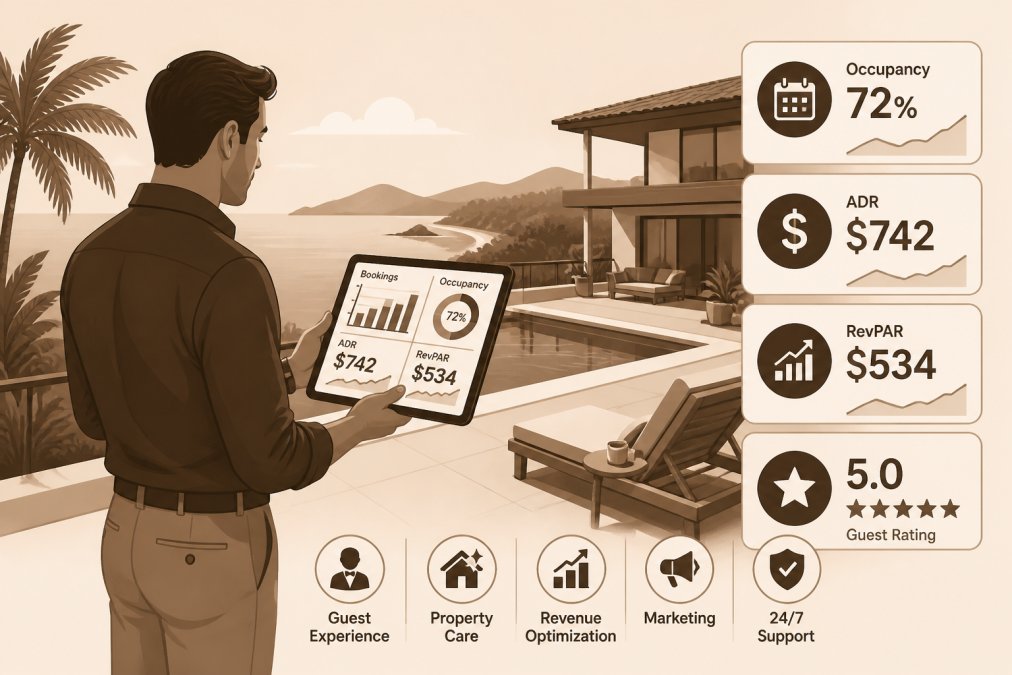 A property manager in smart-casual clothing reviewing a tablet showing rental booking data while standing on the terrace of a luxury coastal villa in Costa Rica, with ocean view in background