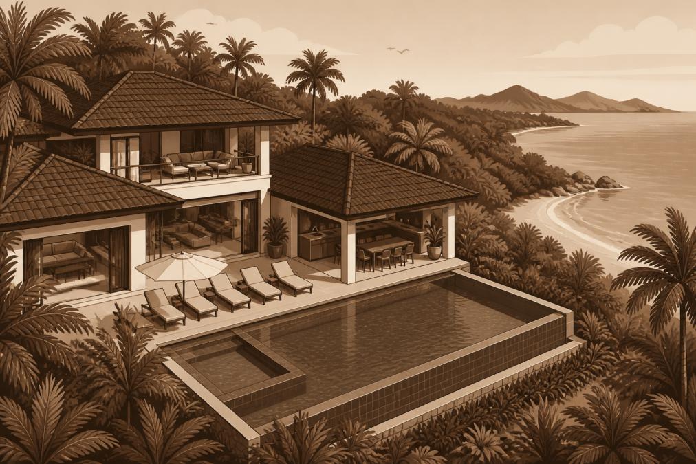 Aerial view of a luxury vacation villa with a private pool surrounded by tropical vegetation near the Costa Rican coastline, showing the property in a pristine, guest-ready condition