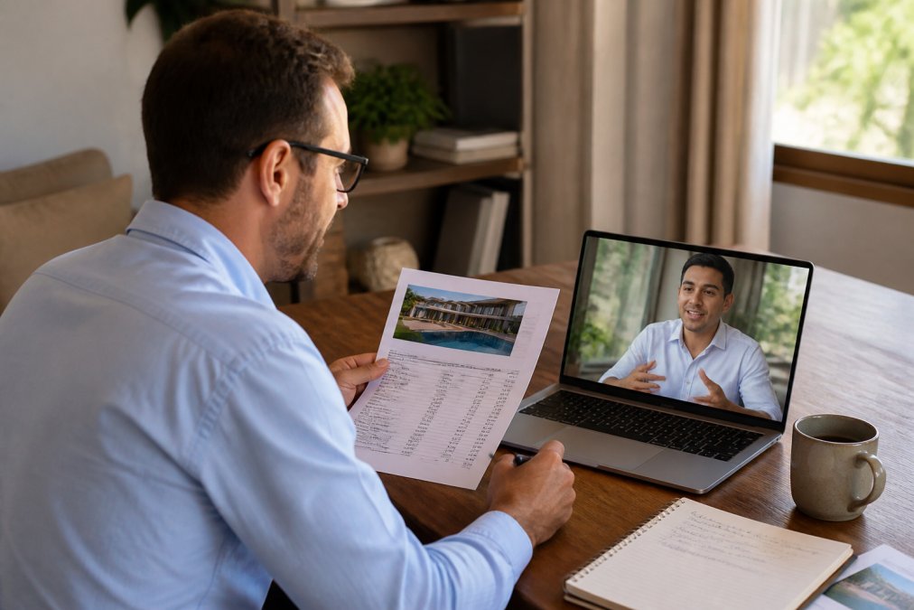 Property owner in home office on video call with international property manager, both reviewing property documents and discussing management strategy on laptop screen with professional setting and natural lighting