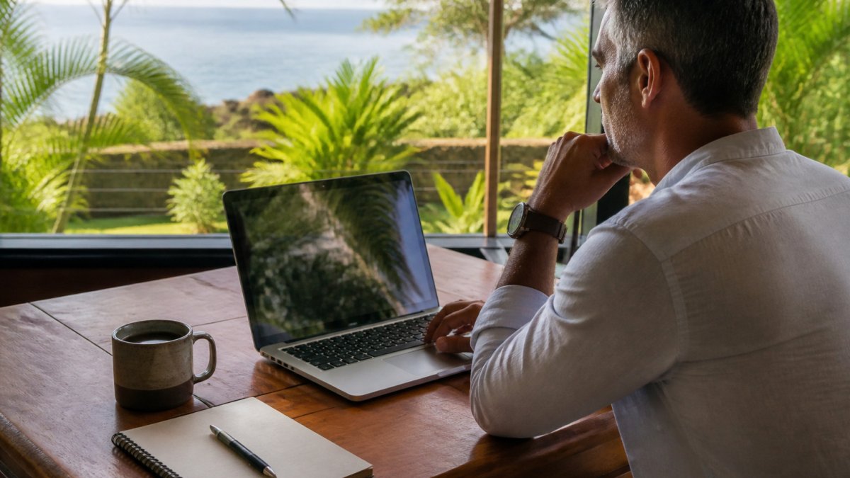Owner reviewing rental performance data on property management software at a sunlit wooden desk.
