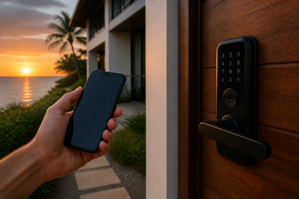 A hand holding a smartphone displaying a smart lock app interface, with a modern keyless entry device visible on a luxury home's front door at sunset, showing the coastal architecture in the background