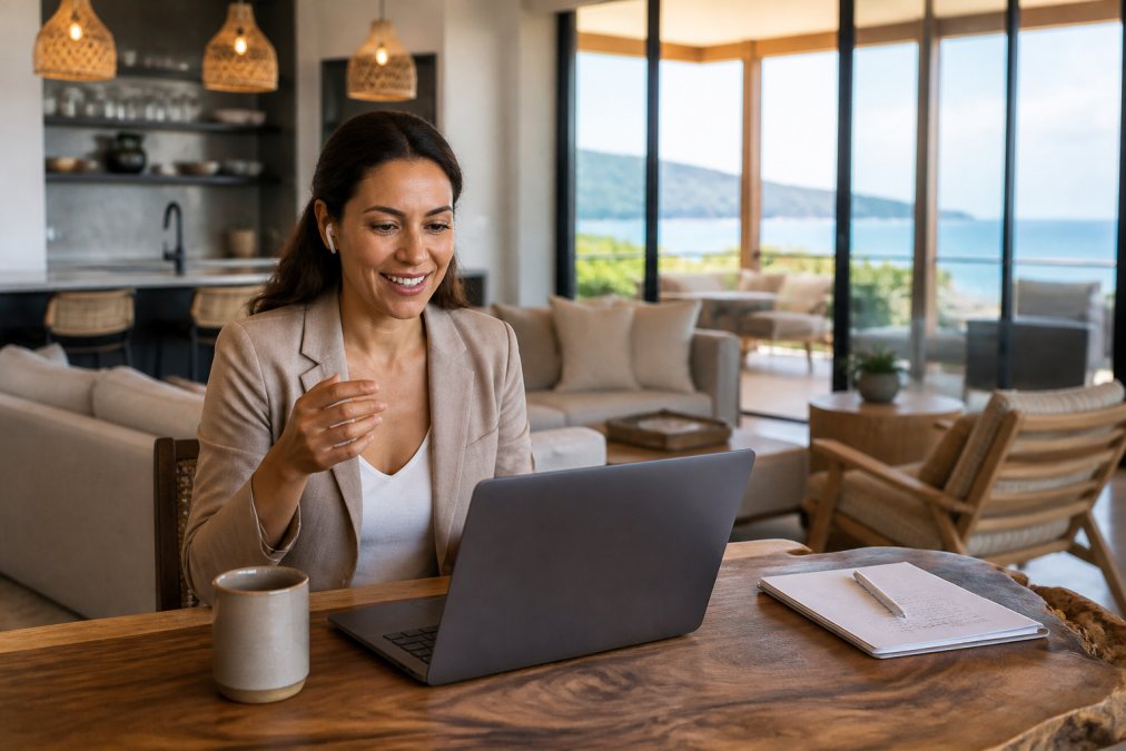 A property manager conducting a video call on a laptop with a remote owner, with a luxury rental property interior, elegant furnishings, coastal view, visible on screen behind them in a bright office setting