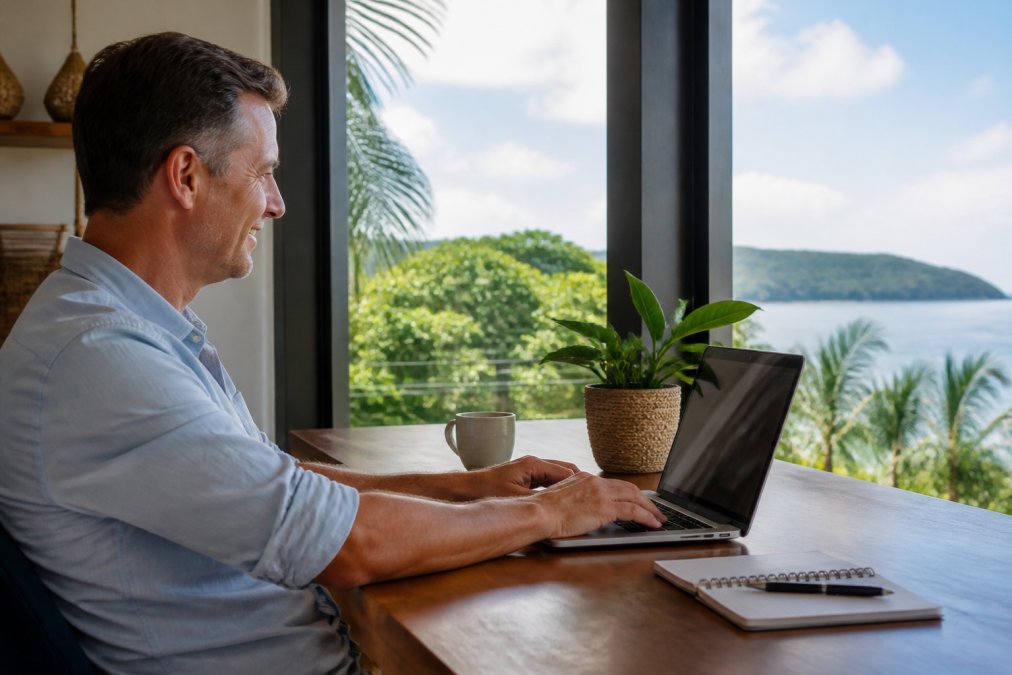 A property owner at a modern desk reviewing colorful booking analytics and revenue reports on a laptop screen, with a satisfied expression, natural window light illuminating the workspace