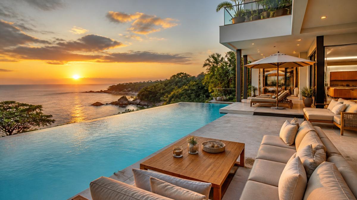 Luxury coastal vacation rental property with modern architecture, infinity pool overlooking ocean, warm sunset lighting, and professionally staged outdoor living spaces