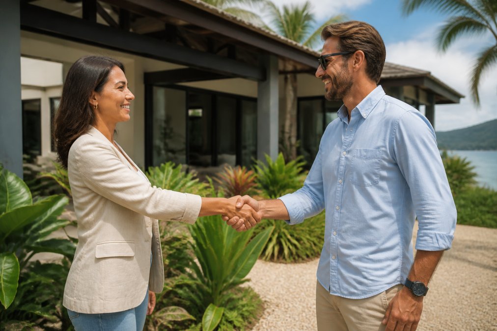 Two professional team members shaking hands at a luxury coastal property in Costa Rica, with a modern home exterior and tropical landscaping visible in the background, warm afternoon light