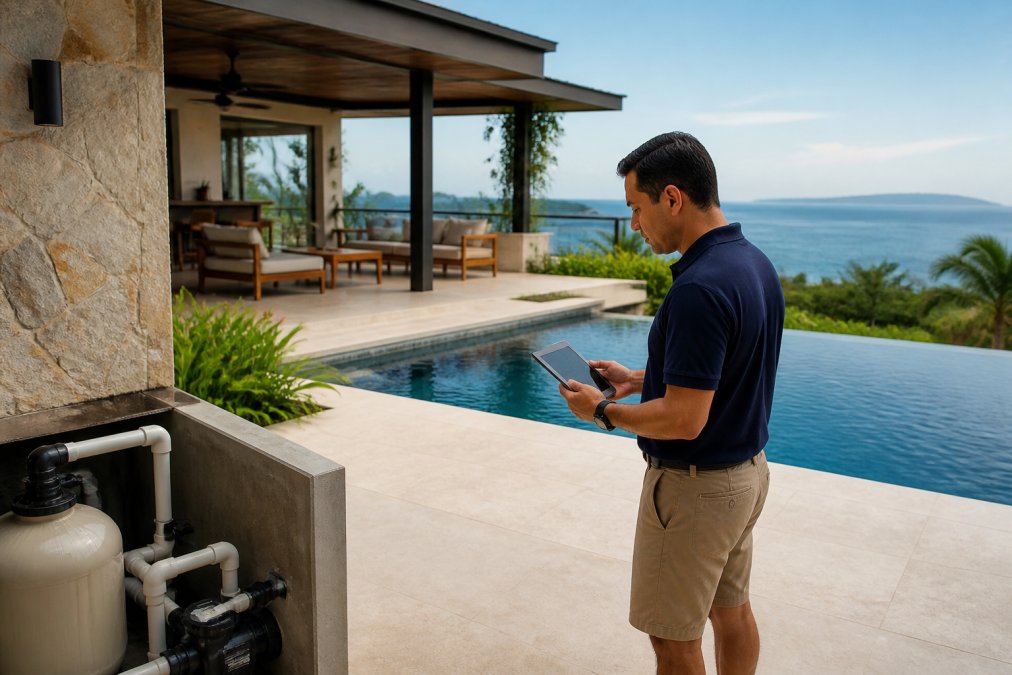 Professional property manager conducting a thorough walkthrough inspection of a luxury coastal villa, checking pool equipment and oceanfront amenities with tablet in hand