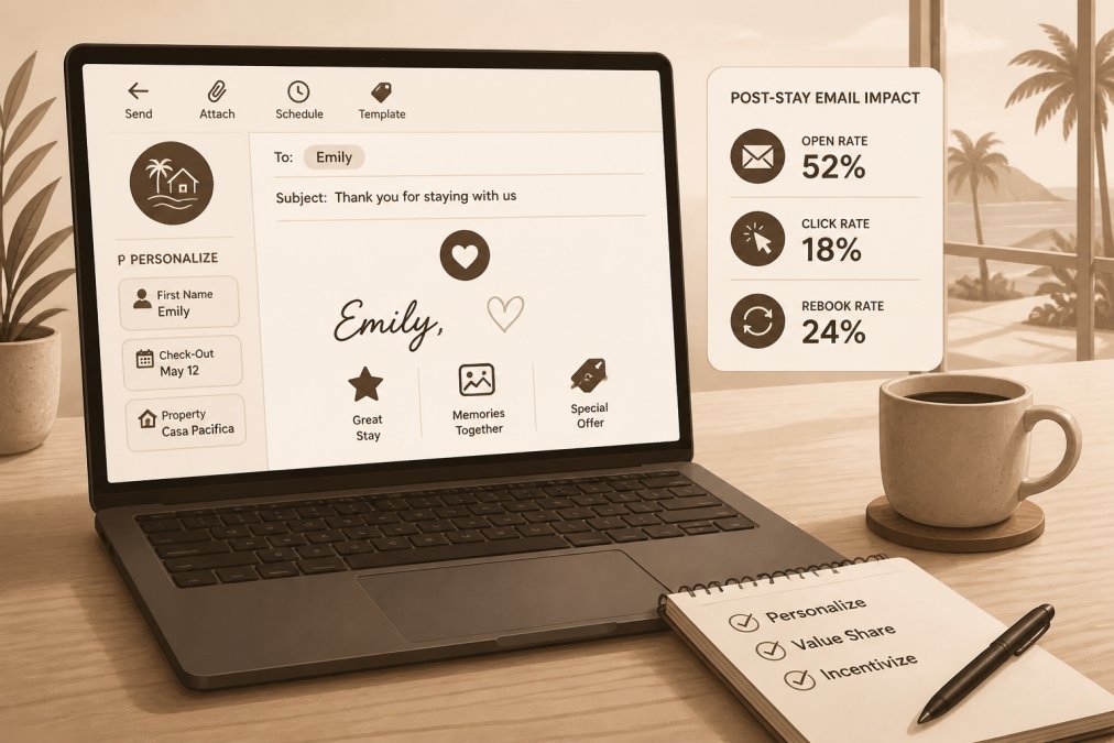 Close-up of a laptop screen showing a clean, warmly worded personalized email draft addressed to a guest by first name, with a handwritten notepad and a ceramic coffee cup resting on a natural wood desk in soft morning light