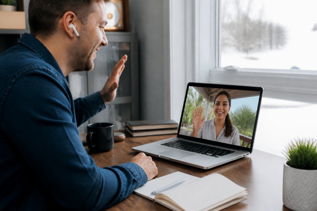 A homeowner in a bright home office in Canada, video-calling a property manager in Costa Rica, with a laptop showing a dashboard of bookings and a smile of relief
