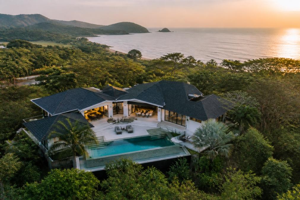 Aerial view of a luxury coastal villa in Guanacaste, perfect for a luxury rental business Costa Rica.