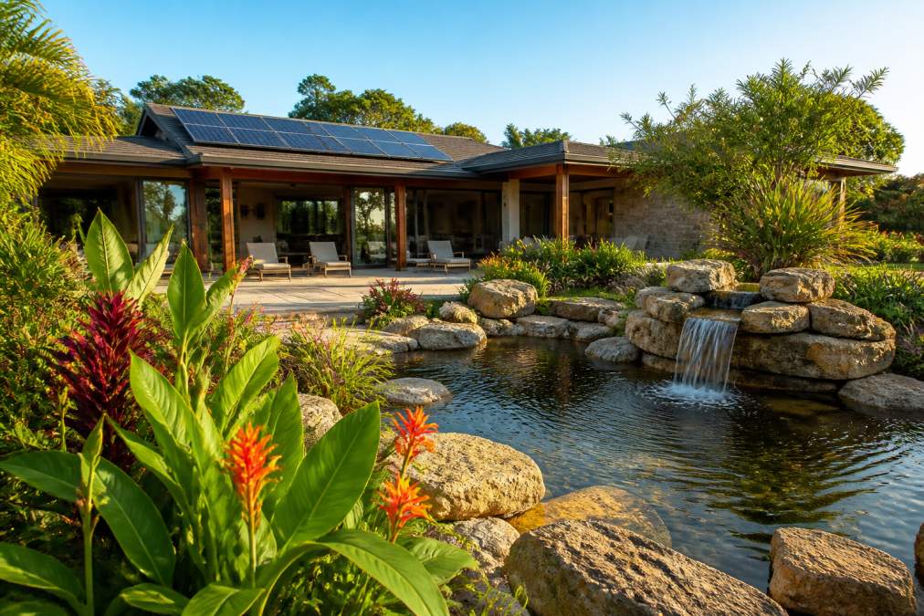 Modern luxury villa nestled in tropical gardens with visible solar panels on the roof, native flowering plants in the foreground, and a natural stone water feature catching afternoon sunlight