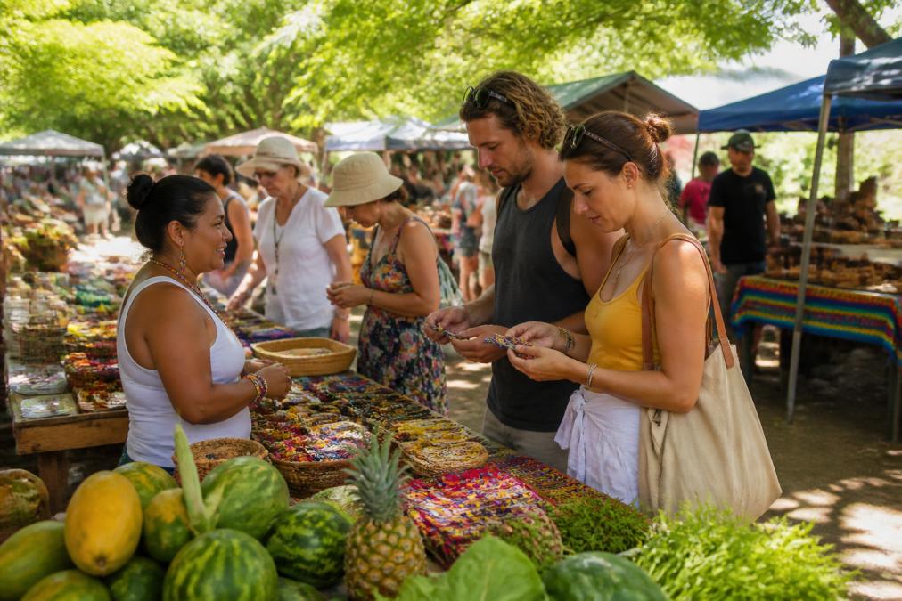 Colorful vendor stall at a bustling Costa Rican farmers market, with local artisans and tourists browsing handmade crafts, fresh tropical produce, and traditional goods under dappled market shade