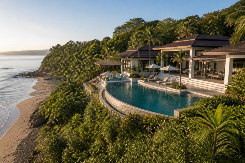 Aerial view of a beachfront luxury villa with infinity pool overlooking the Pacific Ocean, surrounded by tropical gardens and private beach access in morning light