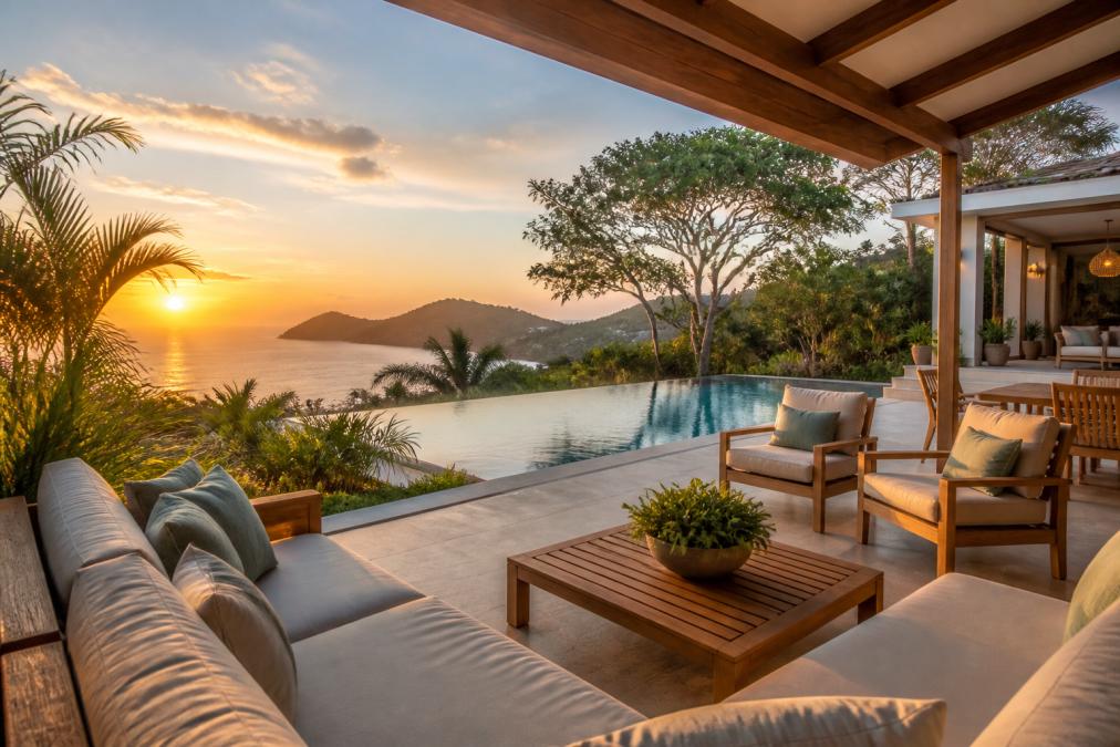 A modern luxury villa with an infinity pool overlooking the Pacific coast in Guanacaste at golden hour, lush tropical landscaping and an outdoor lounge area with teak furniture