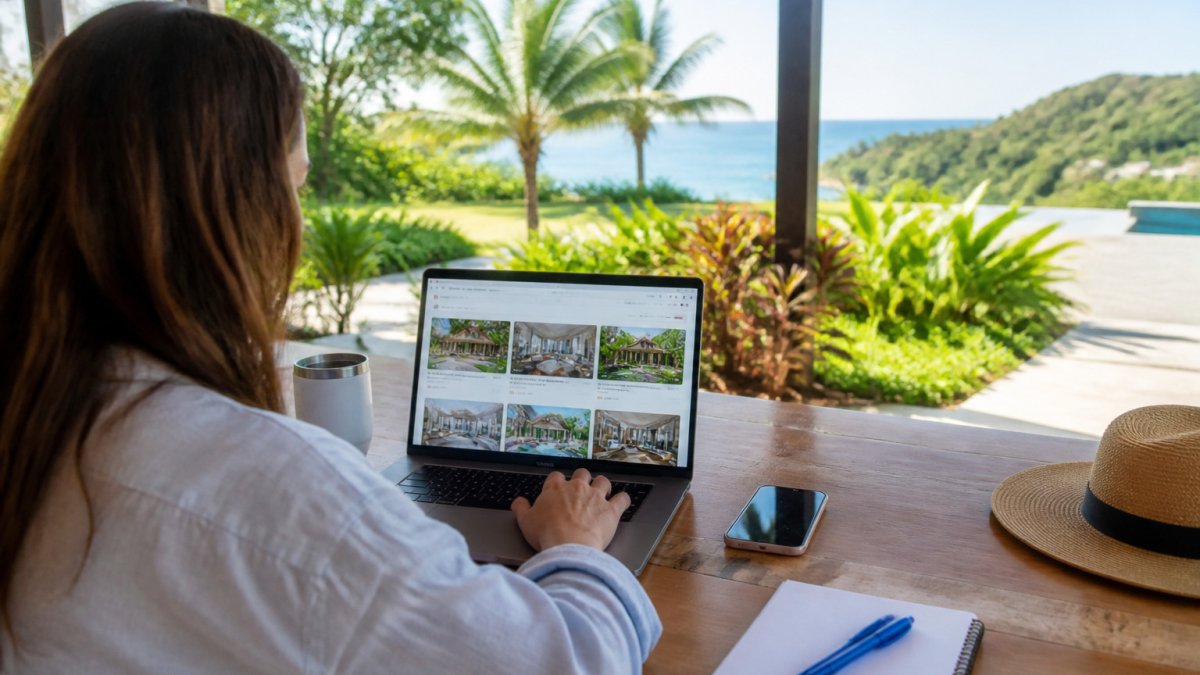 Investor analyzing vacation rental market data on a laptop in a tropical garden setting