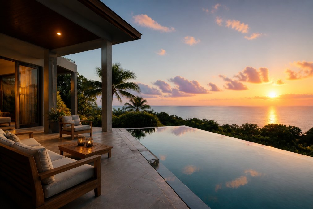 Luxury beachfront villa in Costa Rica at golden hour sunset, with modern architecture, infinity pool overlooking ocean, manicured gardens, and terrace seating area with warm ambient lighting