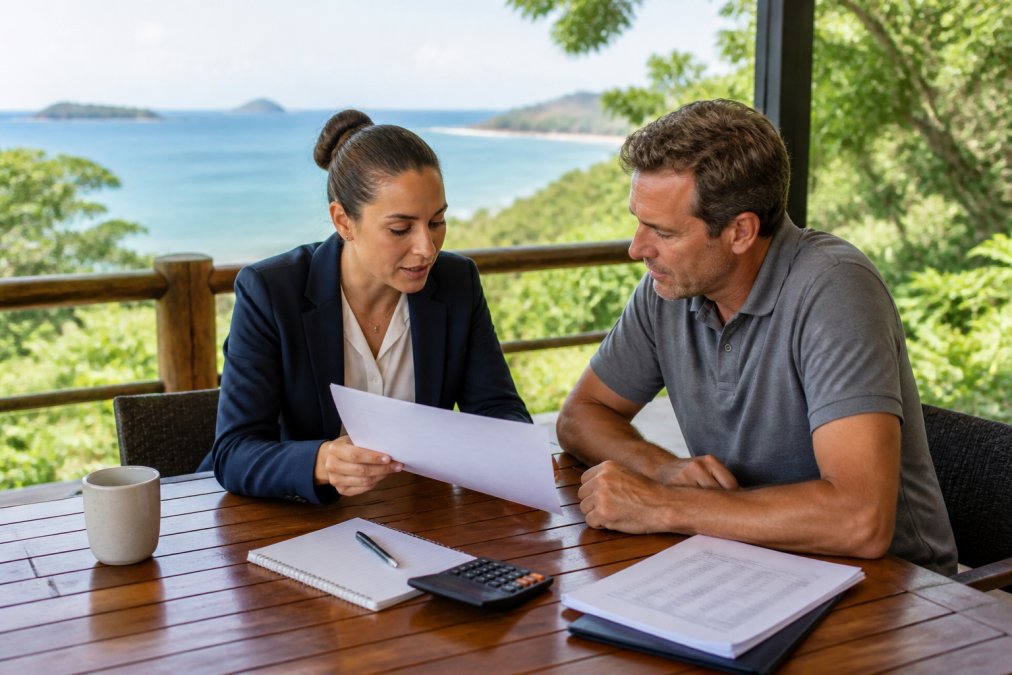 A property manager in professional attire reviewing a printed fee agreement with a homeowner at a wooden table on an open-air terrace overlooking a tropical coastline