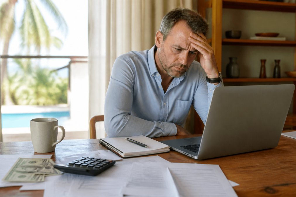 Property owner reviewing booking calendar and revenue reports on laptop with concerned expression, natural office lighting streaming through windows